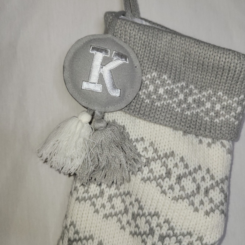 Wondershop Knit Fair Isle Monogram Christmas‎ Stocking gray/white w/ initial "K" - Picture 2 of 4